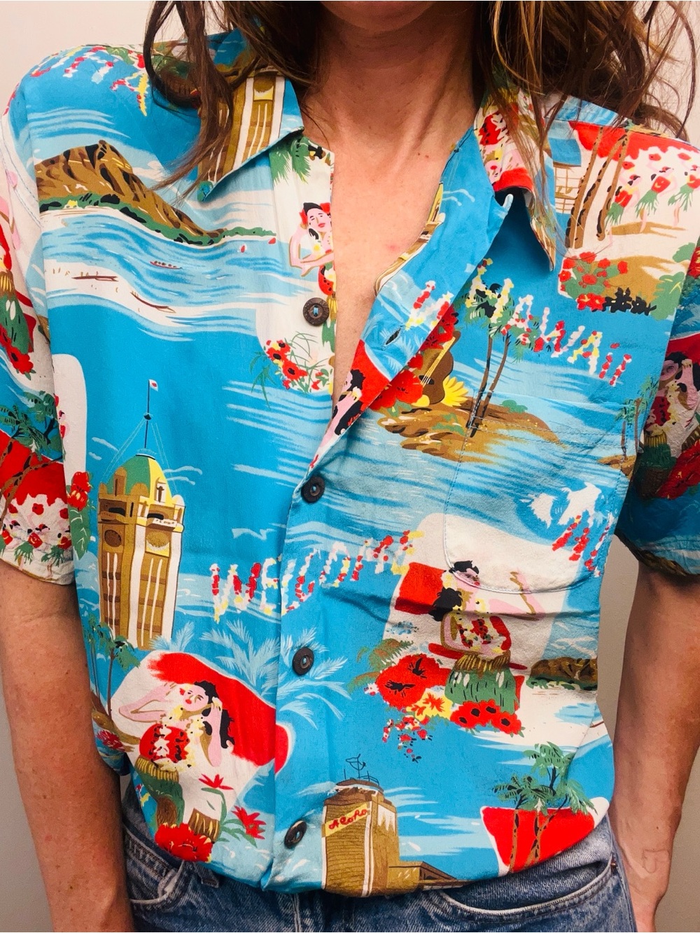 Vintage Avanti Silk Hawaiian Shirt – Hula Girl Lei Aloha Print – Size M